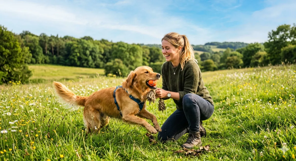 Wanderurlaub mit Hund &ndash; Frau spielt mit Golden Retriever auf einer Wiese