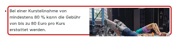 Screenshot von aok.de mit der Originalaussage der AOK Baden-Württemberg zur Erstattung von Gesundheitskursen, die zitierte Stelle ist rot markiert.