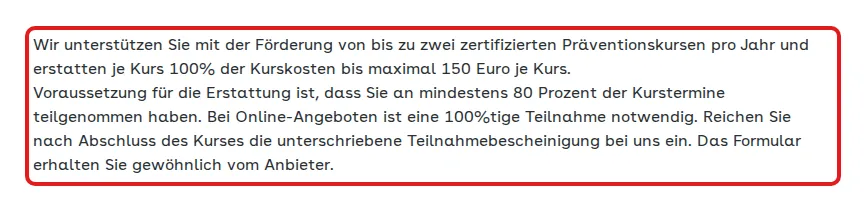 Screenshot von aok.de mit der Originalaussage der AOK Bayern zur Erstattung von Gesundheitskursen, die zitierte Stelle ist rot markiert.