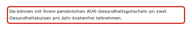 Screenshot von aok.de mit der Originalaussage der AOK Bremen/Bremerhaven zur Erstattung von Gesundheitskursen, die zitierte Stelle ist rot markiert.