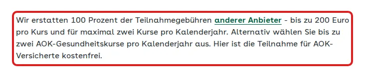 Screenshot von aok.de mit der Originalaussage der AOK Hessen zur Erstattung von Gesundheitskursen, die zitierte Stelle ist rot markiert.