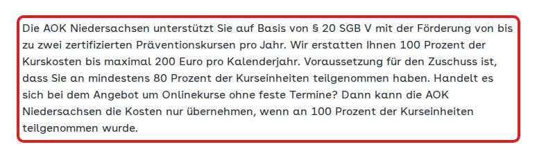 Screenshot von aok.de mit der Originalaussage der AOK Niedersachsen zur Erstattung von Gesundheitskursen, die zitierte Stelle ist rot markiert.