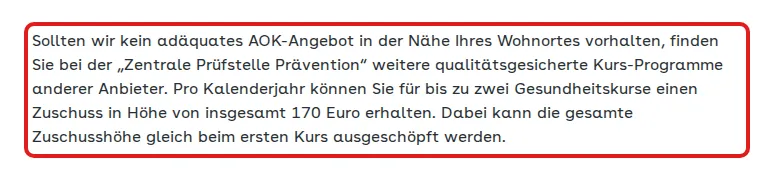 Screenshot von aok.de mit der Originalaussage der AOK Nordost zur Erstattung von Gesundheitskursen, die zitierte Stelle ist rot markiert.