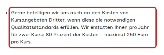 Screenshot von aok.de mit der Originalaussage der AOK NordWest zur Erstattung von Gesundheitskursen, die zitierte Stelle ist rot markiert.