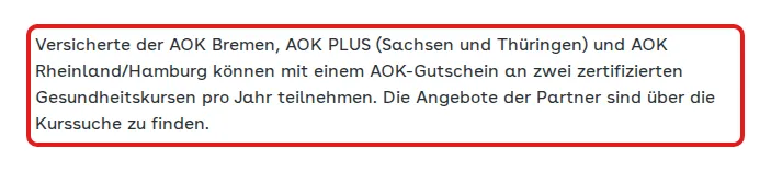 Screenshot von aok.de mit der Originalaussage der AOK PLUS zur Erstattung von Gesundheitskursen, die zitierte Stelle ist rot markiert.