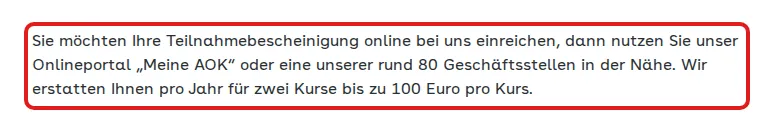 Screenshot von aok.de mit der Originalaussage der AOK Rheinland/Hamburg zur Erstattung von Gesundheitskursen, die zitierte Stelle ist rot markiert.