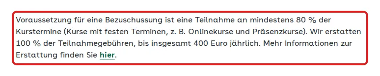 Screenshot von aok.de mit der Originalaussage der AOK Rheinland-Pfalz/Saarland zur Erstattung von Gesundheitskursen, die zitierte Stelle ist rot markiert.