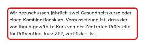 Screenshot von deine-gesundheitswelt.de mit der Originalaussage der AOK Sachsen-Anhalt zur Erstattung von Gesundheitskursen, die zitierte Stelle ist rot markiert.