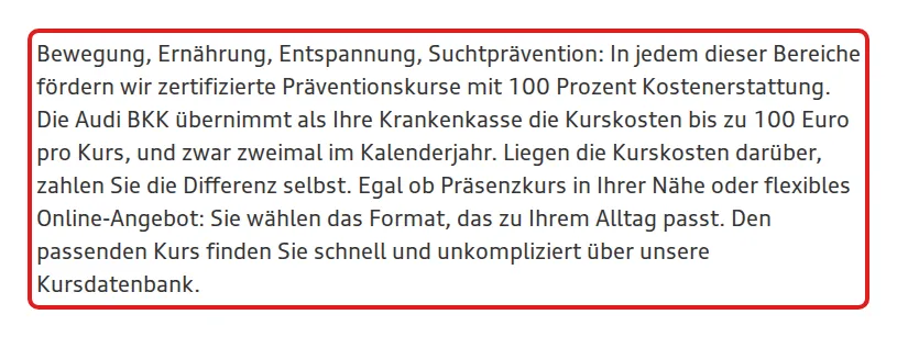 Screenshot von audibkk.de mit der Originalaussage der Audi BKK zur Erstattung von Gesundheitskursen, die zitierte Stelle ist rot markiert.