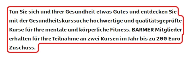 Screenshot von barmer.de mit der Originalaussage der Barmer zur Erstattung von Gesundheitskursen, die zitierte Stelle ist rot markiert.