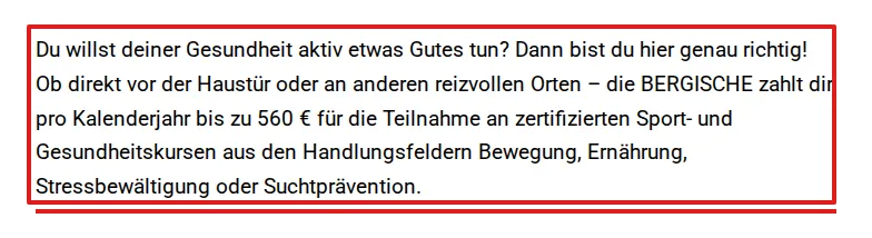 Screenshot von bergische-krankenkasse.de mit der Originalaussage der Bergischen Krankenkasse zur Erstattung von Gesundheitskursen, die zitierte Stelle ist rot markiert.