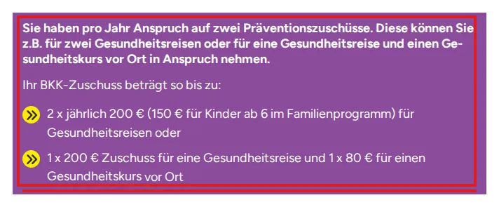 Screenshot von bertelsmann-bkk.de mit der Originalaussage der Bertelsmann BKK zur Erstattung von Gesundheitskursen, die zitierte Stelle ist rot markiert.
