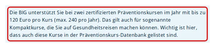 Screenshot von big-direkt.de mit der Originalaussage der BIG direkt gesund zur Erstattung von Gesundheitskursen, die zitierte Stelle ist rot markiert.