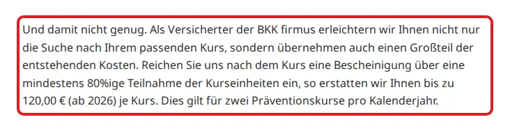 Screenshot von bkk-firmus.de mit der Originalaussage der BKK firmus zur Erstattung von Gesundheitskursen, die zitierte Stelle ist rot markiert.