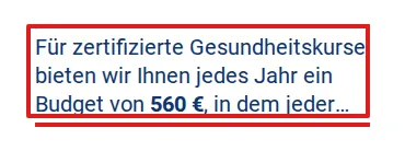 Screenshot von bkk-herkules.de mit der Originalaussage der BKK Herkules zur Erstattung von Gesundheitskursen, die zitierte Stelle ist rot markiert.
