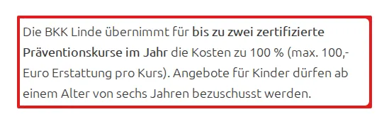 Screenshot von bkk-linde.de mit der Originalaussage der BKK Linde zur Erstattung von Gesundheitskursen, die zitierte Stelle ist rot markiert.