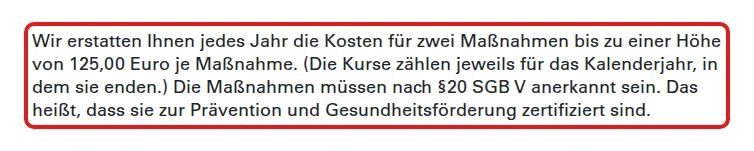 Screenshot von bkk24.de mit der Originalaussage der BKK24 zur Erstattung von Gesundheitskursen, die zitierte Stelle ist rot markiert.
