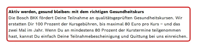 Screenshot von bosch-bkk.de mit der Originalaussage der Bosch BKK zur Erstattung von Gesundheitskursen, die zitierte Stelle ist rot markiert.