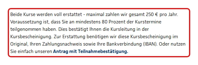Screenshot von continentale-bkk.de mit der Originalaussage der Continentale BKK zur Erstattung von Gesundheitskursen, die zitierte Stelle ist rot markiert.