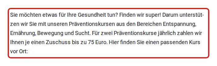 Screenshot von dak.de mit der Originalaussage der DAK-Gesundheit zur Erstattung von Gesundheitskursen, die zitierte Stelle ist rot markiert.