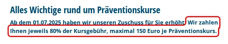 Screenshot von debeka-bkk.de mit der Originalaussage der Debeka BKK zur Erstattung von Gesundheitskursen, die zitierte Stelle ist rot markiert.