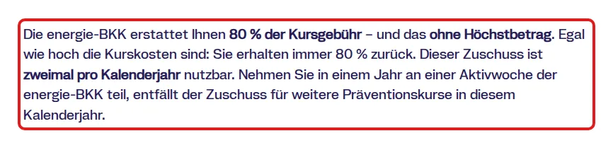 Screenshot von energie-bkk.de mit der Originalaussage der energie-BKK zur Erstattung von Gesundheitskursen, die zitierte Stelle ist rot markiert.