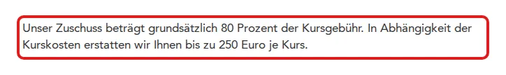 Screenshot von hek.de mit der Originalaussage der HEK zur Erstattung von Gesundheitskursen, die zitierte Stelle ist rot markiert.