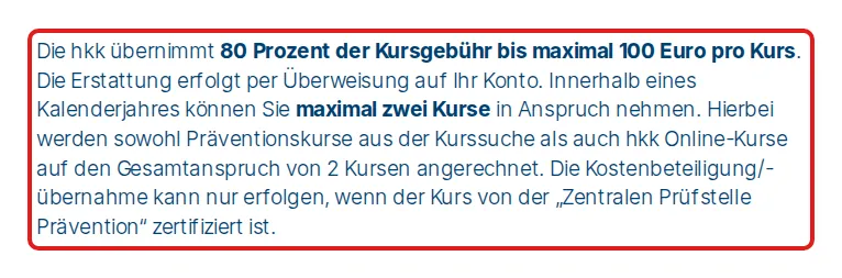 Screenshot von hkk.de mit der Originalaussage der hkk zur Erstattung von Gesundheitskursen, die zitierte Stelle ist rot markiert.