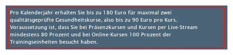 Screenshot von ikk-classic.de mit der Originalaussage der IKK classic zur Erstattung von Gesundheitskursen, die zitierte Stelle ist rot markiert.