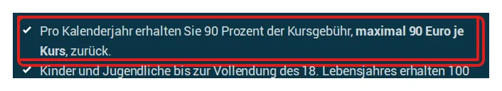 Screenshot von ikk-gesundplus.de mit der Originalaussage der IKK gesund plus zur Erstattung von Gesundheitskursen, die zitierte Stelle ist rot markiert.