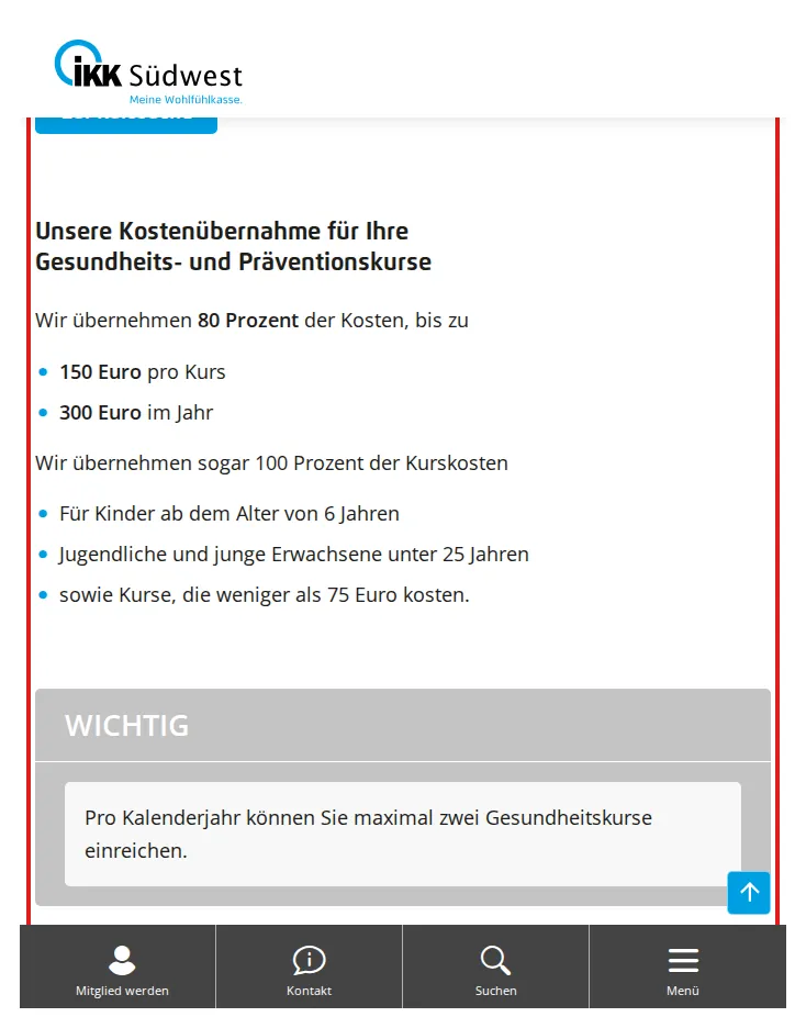 Screenshot von ikk-suedwest.de mit der Originalaussage der IKK Südwest zur Erstattung von Gesundheitskursen, die zitierte Stelle ist rot markiert.