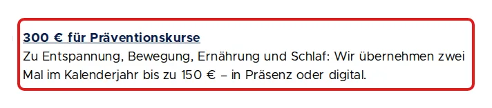 Screenshot von kkh.de mit der Originalaussage der KKH zur Erstattung von Gesundheitskursen, die zitierte Stelle ist rot markiert.