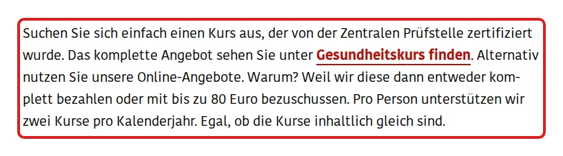 Screenshot von knappschaft.de mit der Originalaussage der Knappschaft zur Erstattung von Gesundheitskursen, die zitierte Stelle ist rot markiert.