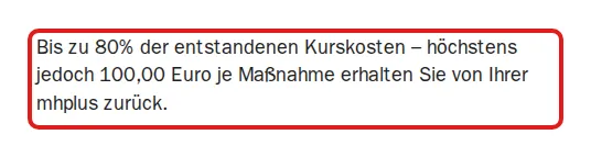 Screenshot von mhplus-krankenkasse.de mit der Originalaussage der mhplus BKK zur Erstattung von Gesundheitskursen, die zitierte Stelle ist rot markiert.