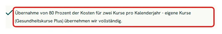 Screenshot von meine-krankenkasse.de mit der Originalaussage der mkk zur Erstattung von Gesundheitskursen, die zitierte Stelle ist rot markiert.