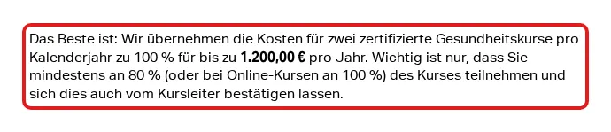 Screenshot von mobil-krankenkasse.de mit der Originalaussage der Mobil Krankenkasse zur Erstattung von Gesundheitskursen, die zitierte Stelle ist rot markiert.