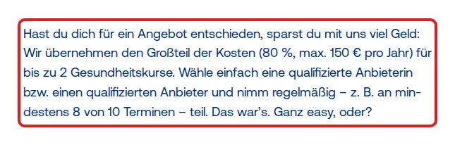 Screenshot von pronovabkk.de mit der Originalaussage der Pronova BKK zur Erstattung von Gesundheitskursen, die zitierte Stelle ist rot markiert.