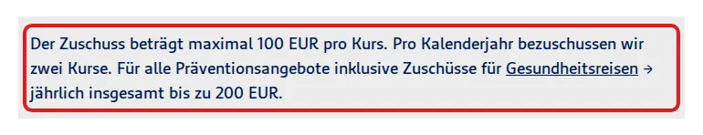 Screenshot von ruv-bkk.de mit der Originalaussage der R+V BKK zur Erstattung von Gesundheitskursen, die zitierte Stelle ist rot markiert.