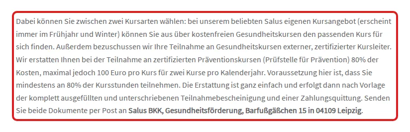 Screenshot von salus-bkk.de mit der Originalaussage der Salus BKK zur Erstattung von Gesundheitskursen, die zitierte Stelle ist rot markiert.