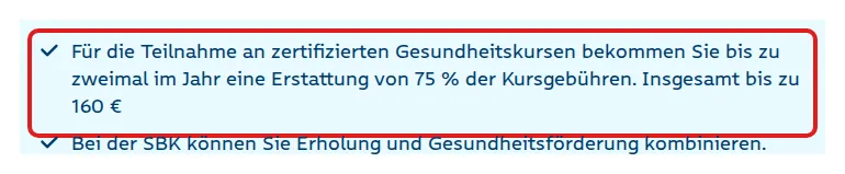 Screenshot von sbk.org mit der Originalaussage der SBK zur Erstattung von Gesundheitskursen, die zitierte Stelle ist rot markiert.