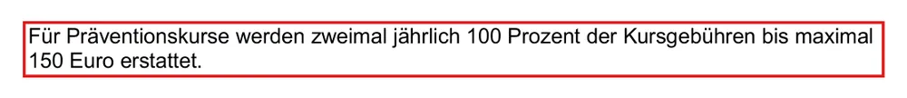Screenshot von securvita.de mit der Originalaussage der Securvita zur Erstattung von Gesundheitskursen, die zitierte Stelle ist rot markiert.