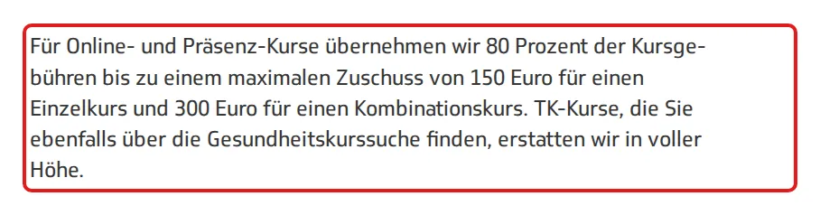 Screenshot von tk.de mit der Originalaussage der TK zur Erstattung von Gesundheitskursen, die zitierte Stelle ist rot markiert.