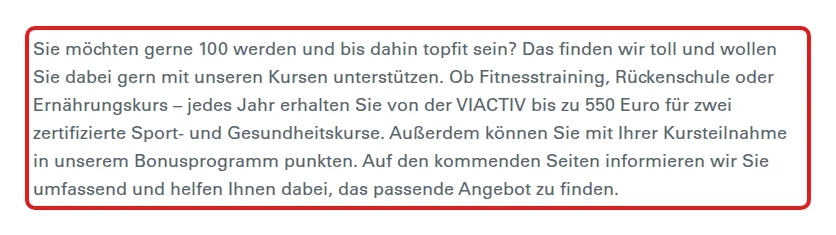 Screenshot von viactiv.de mit der Originalaussage der VIACTIV zur Erstattung von Gesundheitskursen, die zitierte Stelle ist rot markiert.