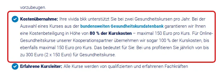 Screenshot von vividabkk.de mit der Originalaussage der Vivida BKK zur Erstattung von Gesundheitskursen, die zitierte Stelle ist rot markiert.
